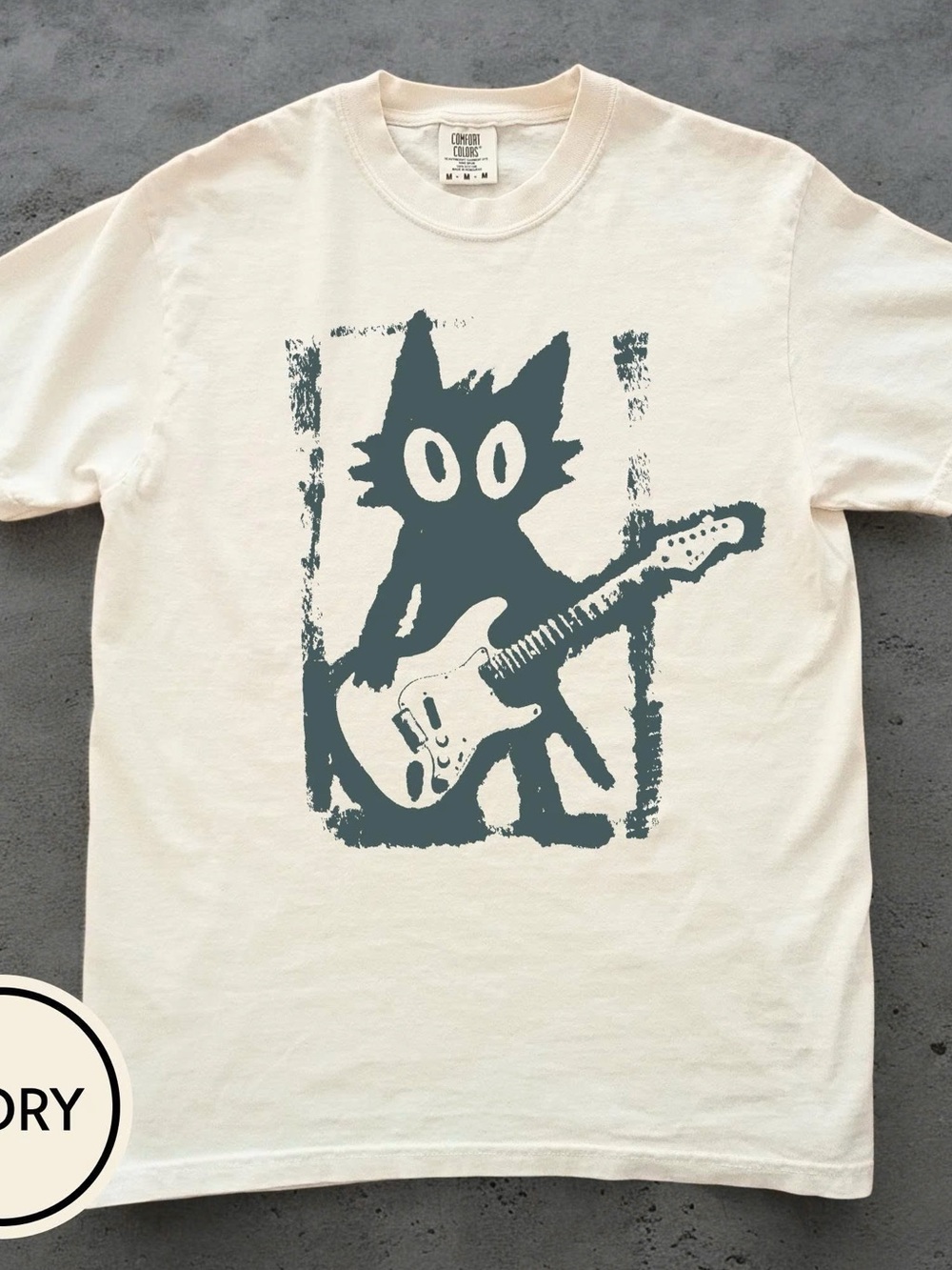 Comfort Colors Cream T-Shirt with Teal Cat Playing Guitar